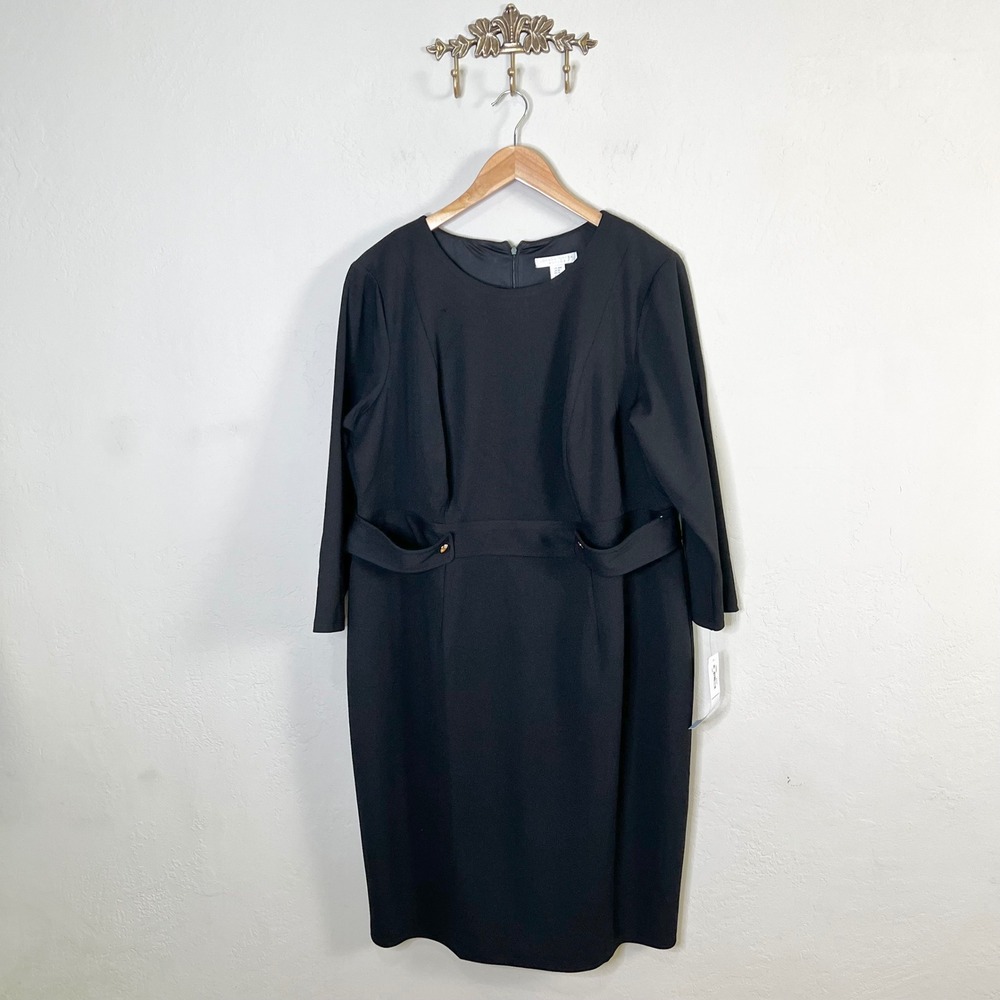 London Times Dress Sheath New Size 16W Black 3/4 Sleeve Side Tab Gold FLAW